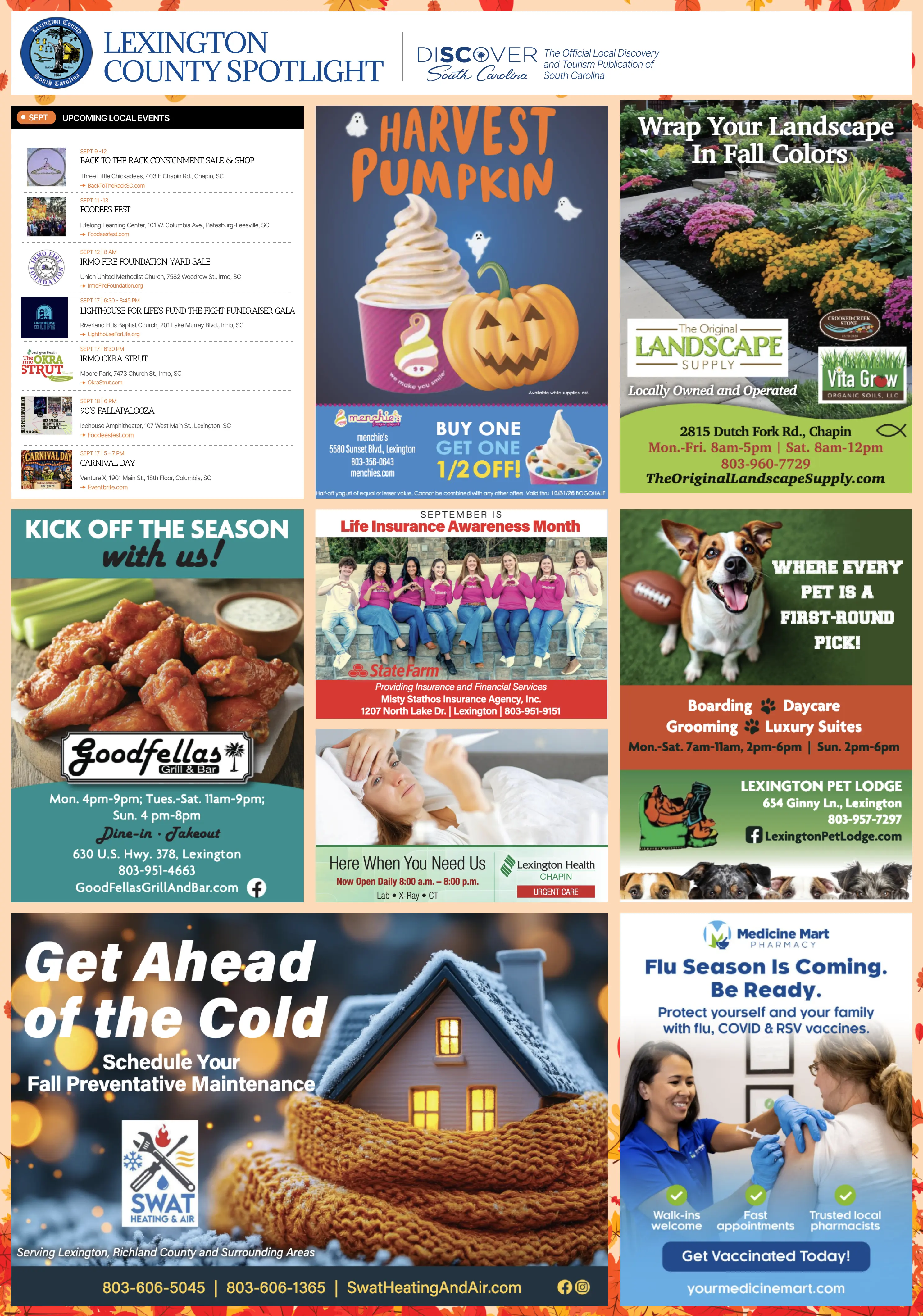 Sample Lexington County Spotlight community card with local events and business advertisements